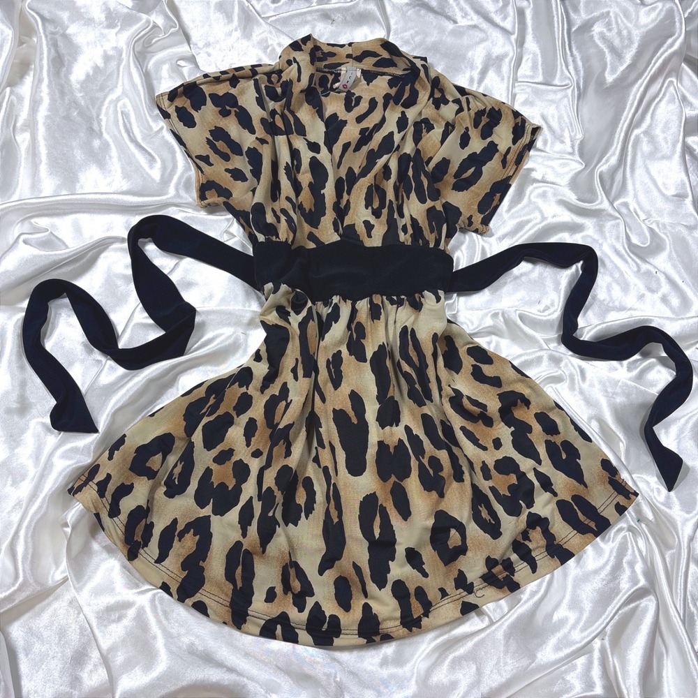 y2k Voice Peplum Top Brown Excellent Leopard Print Wrap Tie Waist Short Sleeve